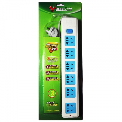 公牛6位1开单排插座3米线2500W-6